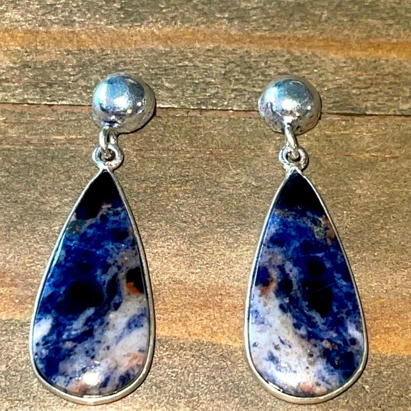 Hand Crafted Jewelry - Sodalite Healing Gemstone Blue Stones Artisan Dangle Boho Silver Earrings